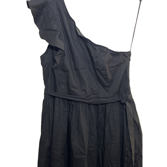J Crew One Shoulder Midi Dress Size 14 Black Ruffle Trim Tie Waist Classic - Picture 3 of 11